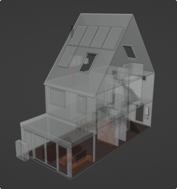 Afbeelding van de doorsnede van een transparant huis met de betreffende installaties